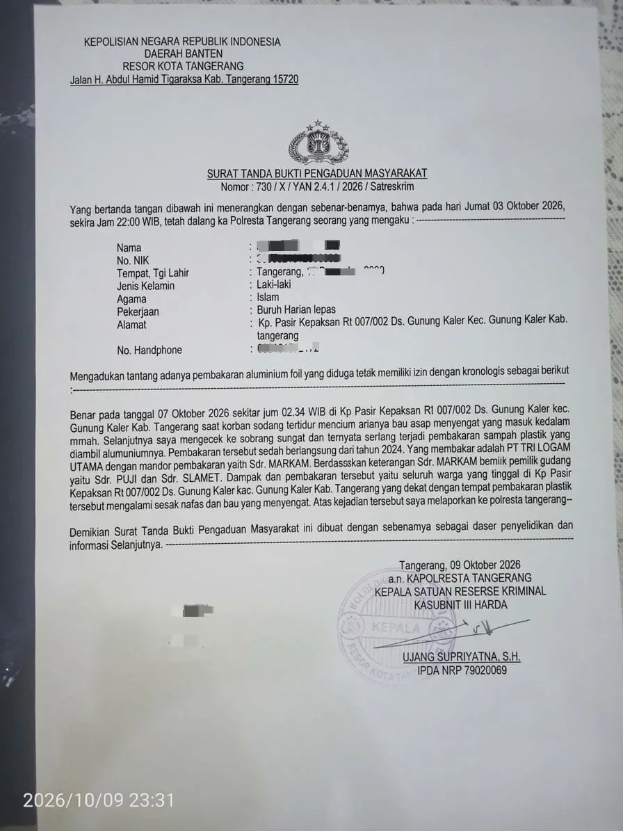 Diduga Beroperasi Tanpa Legalitas dan Cemari Udara, PT Tri Logam Utama Dilaporkan ke Polresta Tangerang